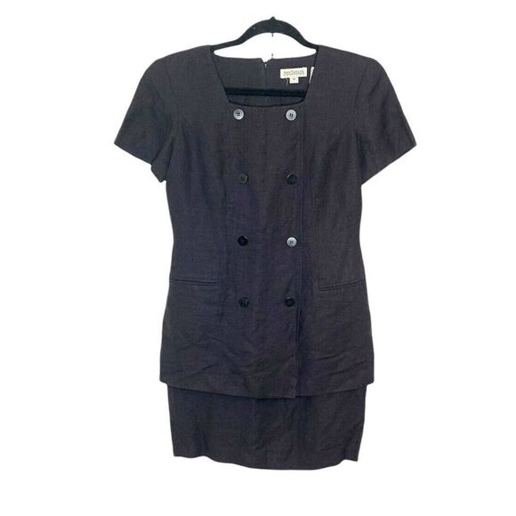 Ann Taylor Petites Sz 4 80s Black Double Breast Button Blazer Skirt Style Dress - Picture 3 of 12